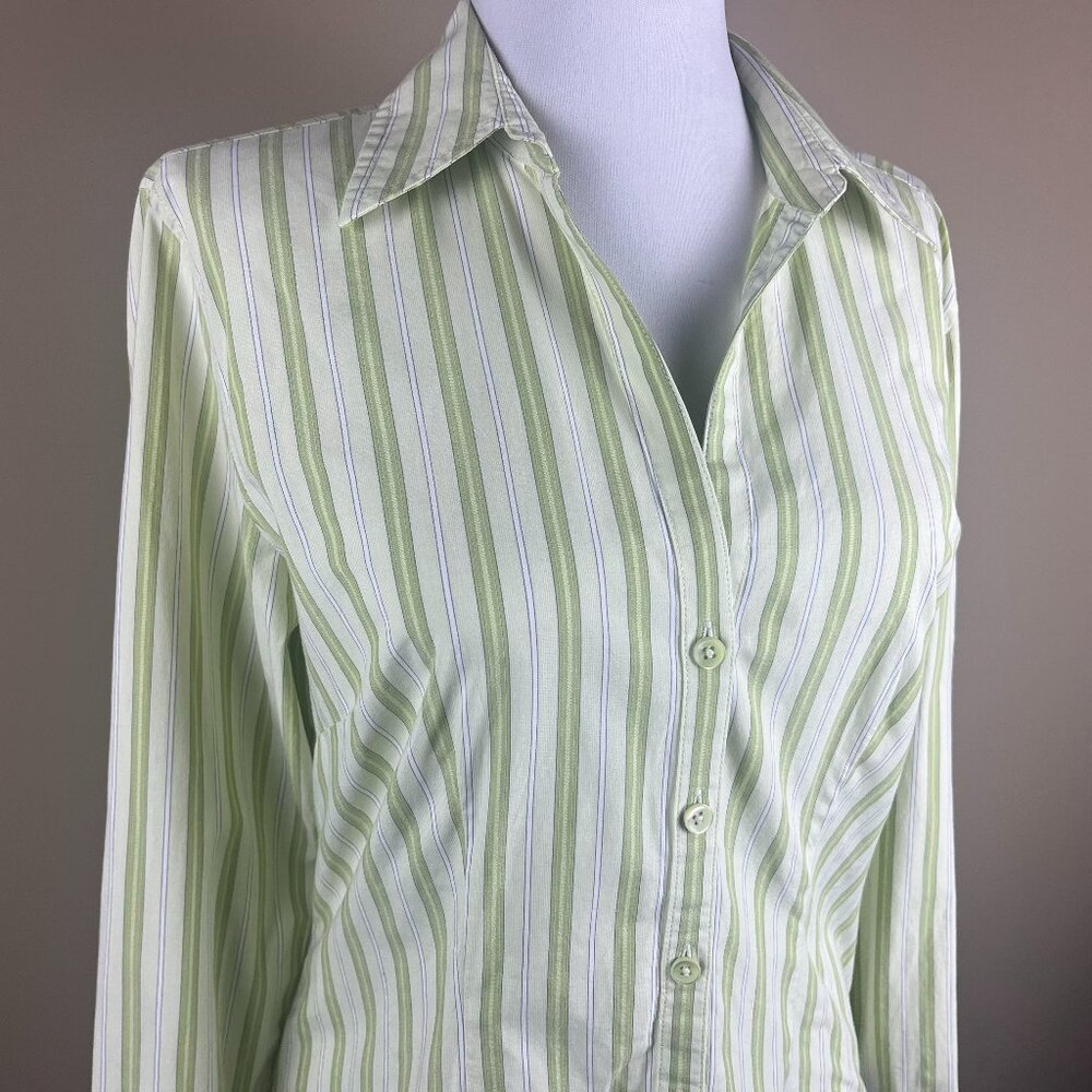 Ann Taylor Long Sleeve Blouse Size 6 Green Yellow White, Stripes